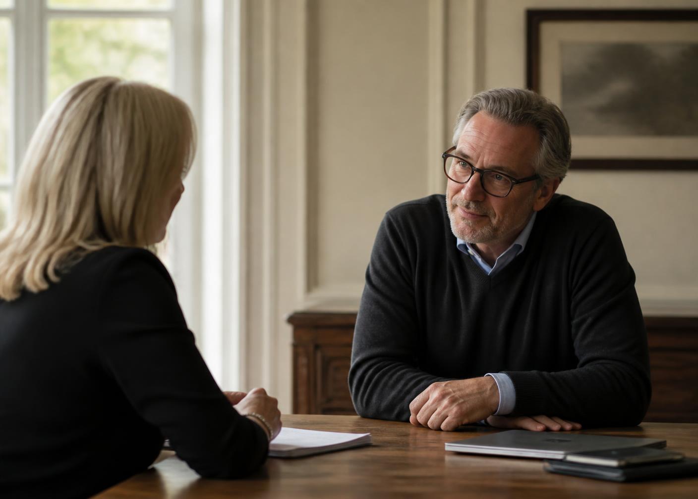 A private consultation between two people at a wooden table