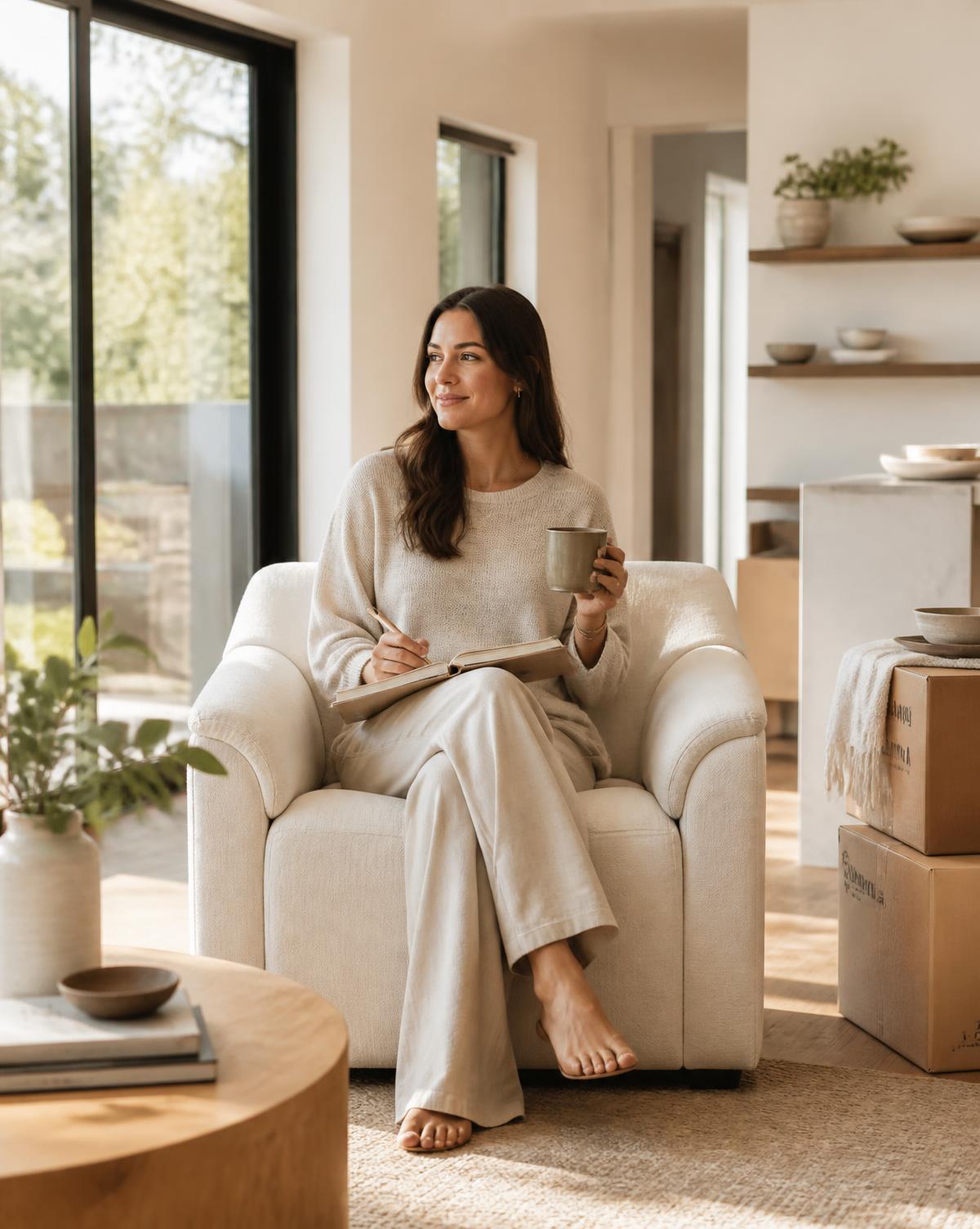 A woman settling into her new home with a notebook and coffee
