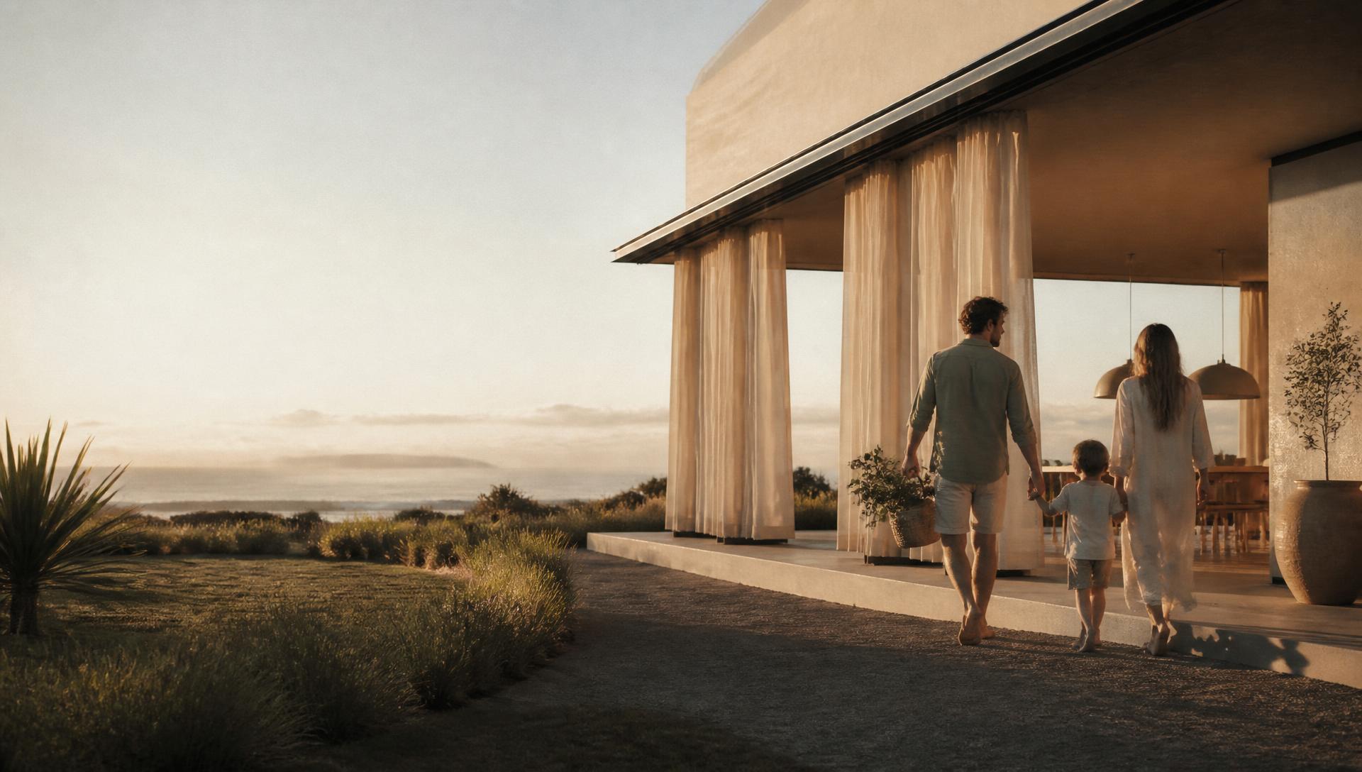 A family arriving at their new coastal home at golden hour